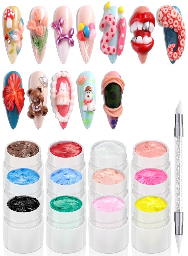 Fcozpjk 3D Sculpture Gel, 12 Colors Non-sticky Hand Builder Nail Gel Kit with Silicone Carving Pen Hard Gels for Nails Flowers Modeling Nail Clay Glue Painting Drawing Manicure Salon Supplies - Image 1
